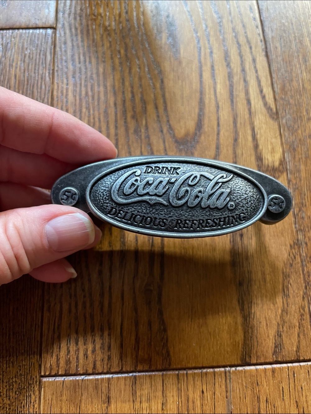 Coca-Cola Raised Logo Oval Pull in Antique Pewter